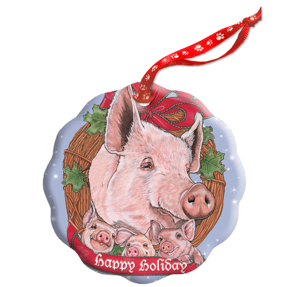 Pig Holiday Porcelain Christmas Tree Ornament - Pipsqueakproductions
