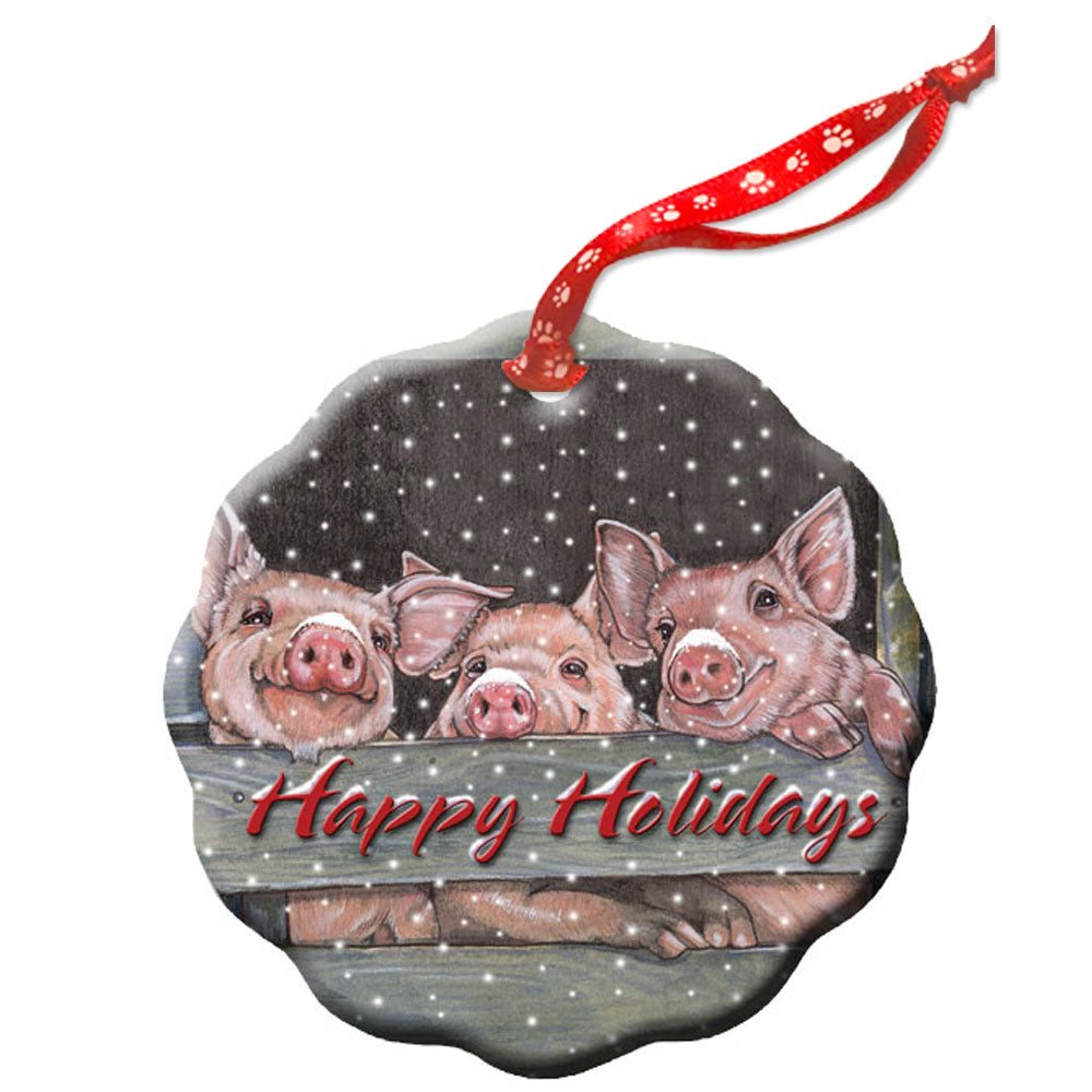 Pig Holiday Porcelain Christmas Tree Ornament - Pipsqueakproductions