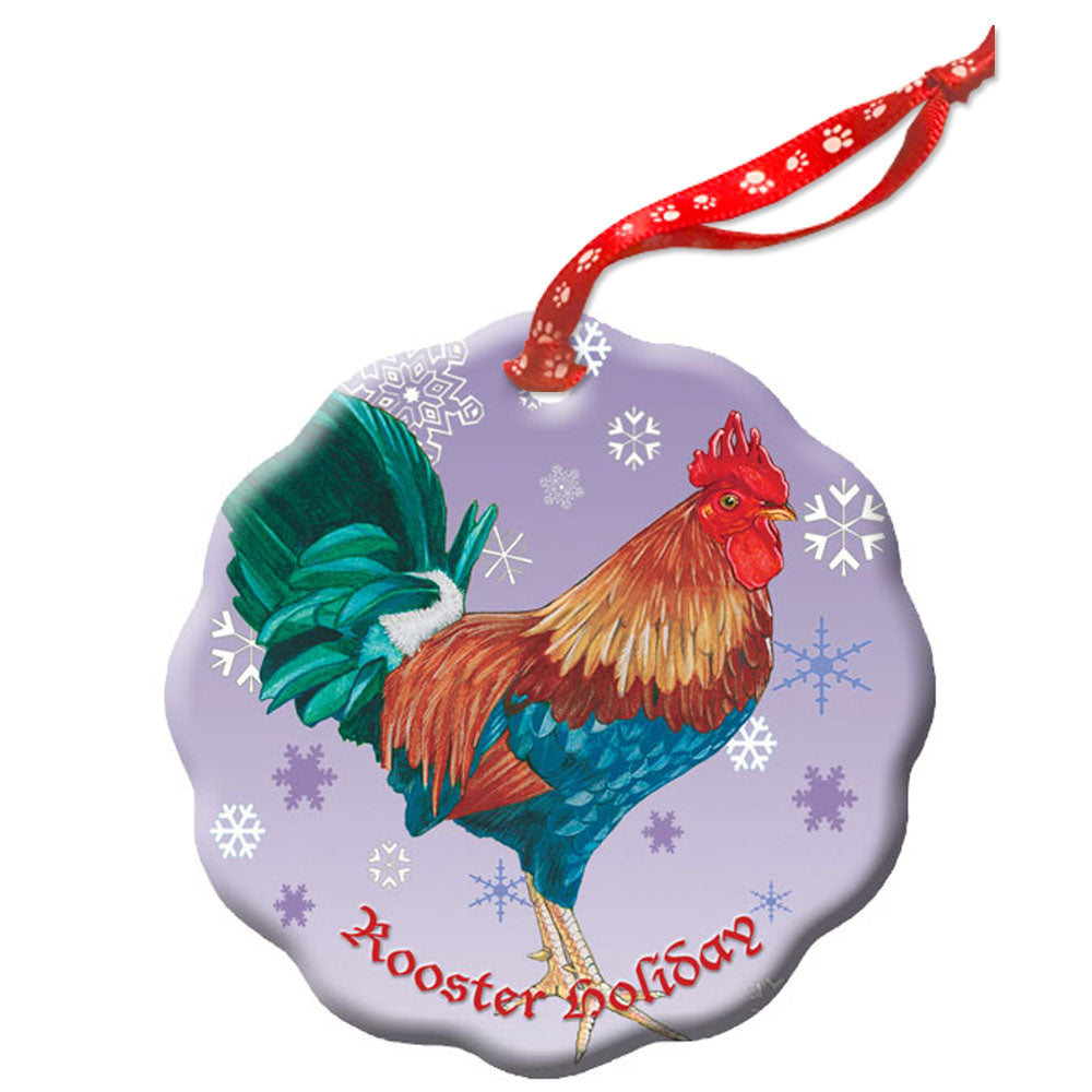 Rooster Chicken Holiday Porcelain Christmas Tree Ornament - Pipsqueakproductions