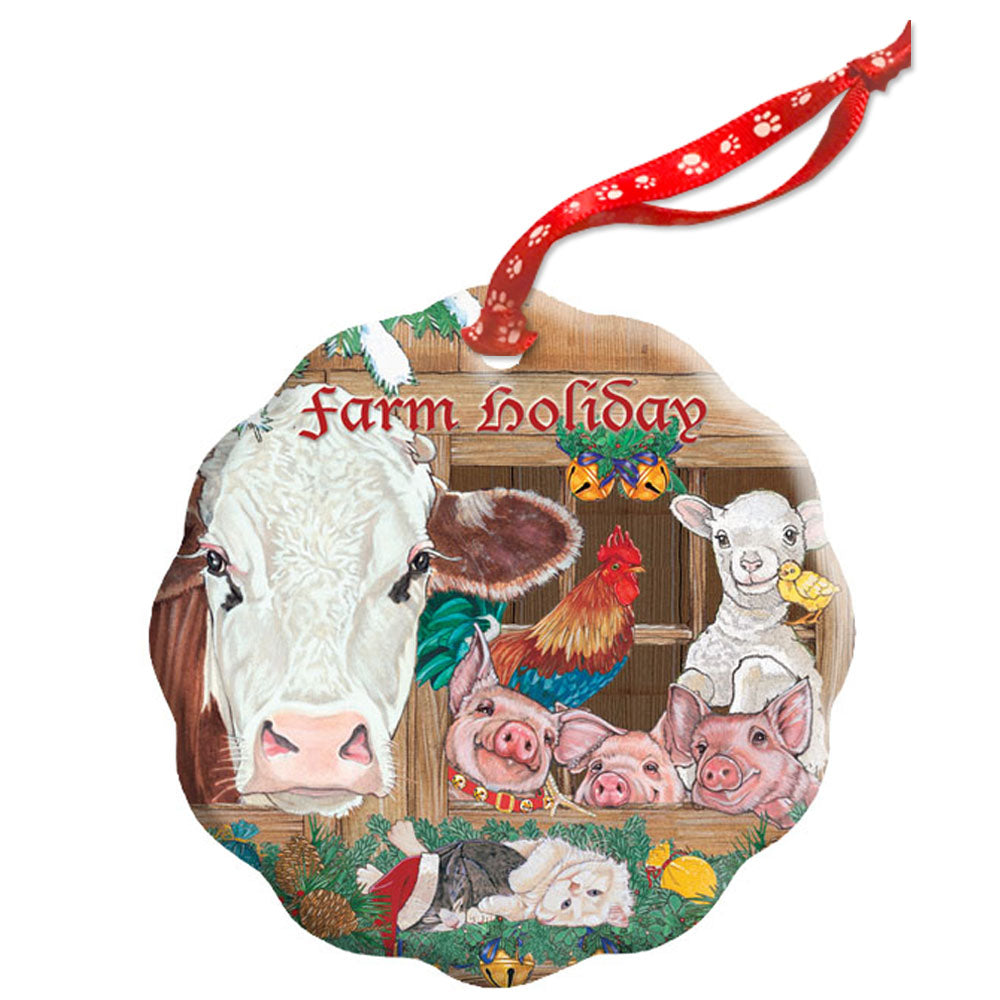Farm Animals Barnyard Holiday Porcelain Christmas Tree Ornament Double-Sided - Pipsqueakproductions
