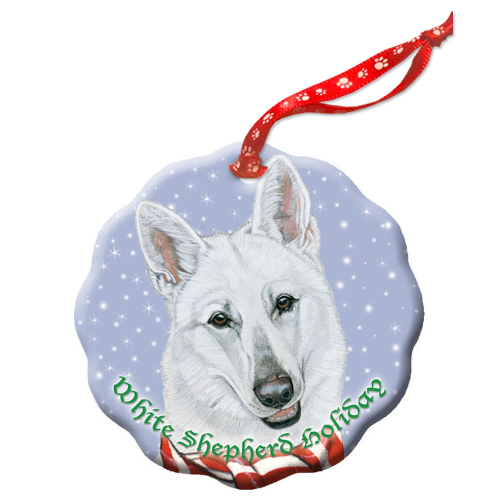 White Shepherd Holiday Porcelain Christmas Tree Ornament - Pipsqueakproductions