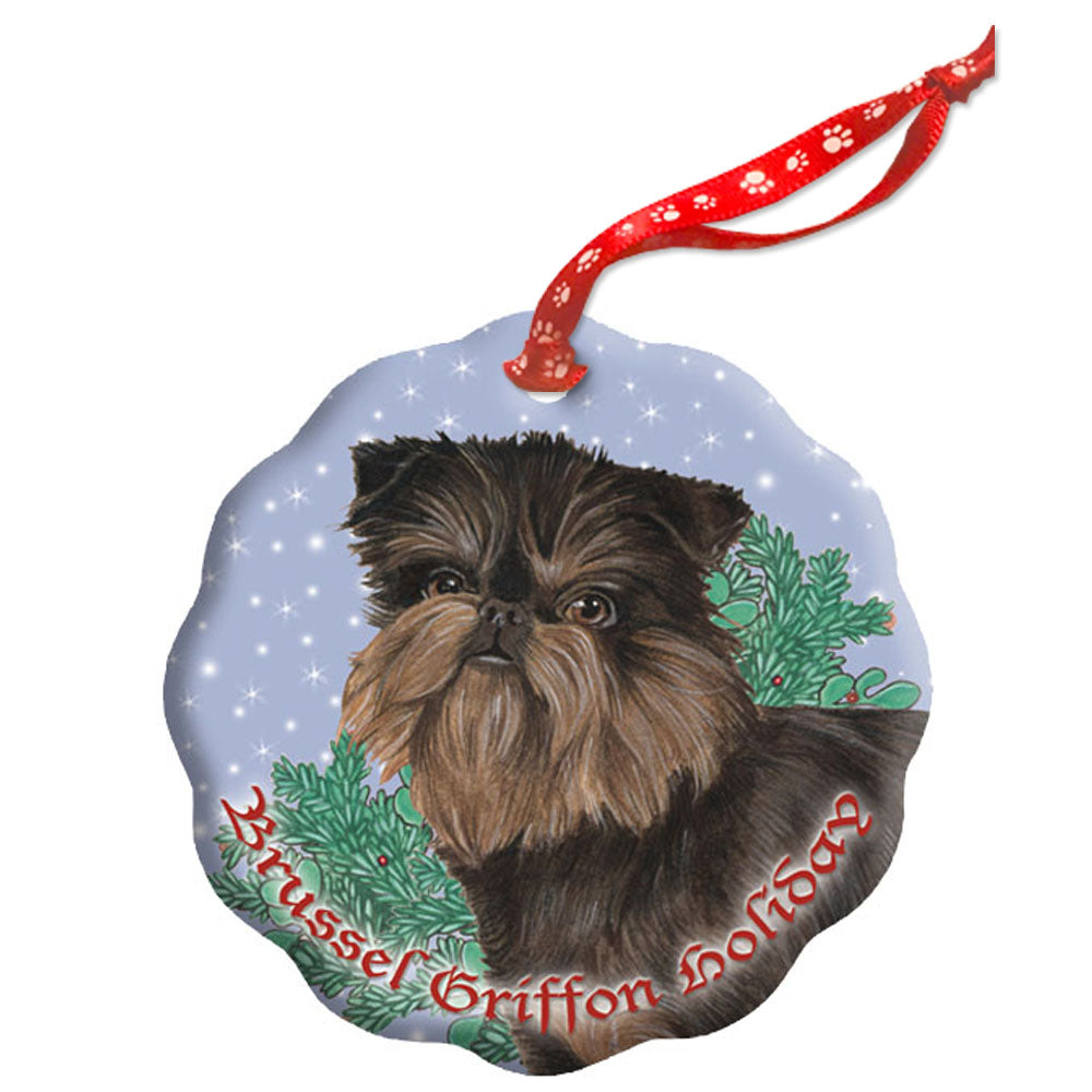 Brussels Griffon Black Tan Holiday Porcelain Christmas Tree Ornament Double-sided - Pipsqueakproductions