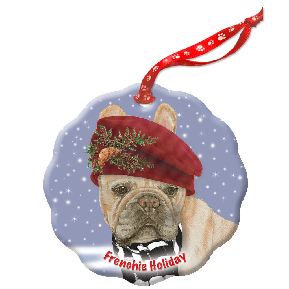 French Bulldog Frenchie Holiday Porcelain Christmas Tree Ornament Double-Sided - Pipsqueakproductions