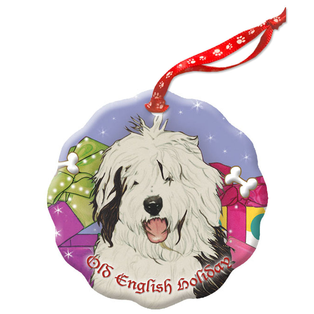 Old English Sheepdog Holiday Porcelain Christmas Tree Ornament - Pipsqueakproductions