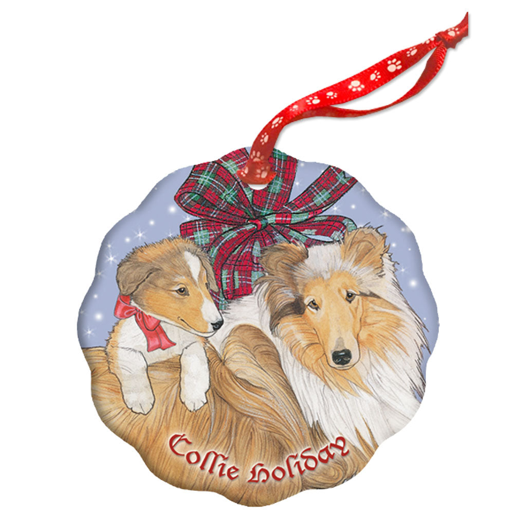 Collie Holiday Porcelain Christmas Tree Ornament Double-Sided - Pipsqueakproductions
