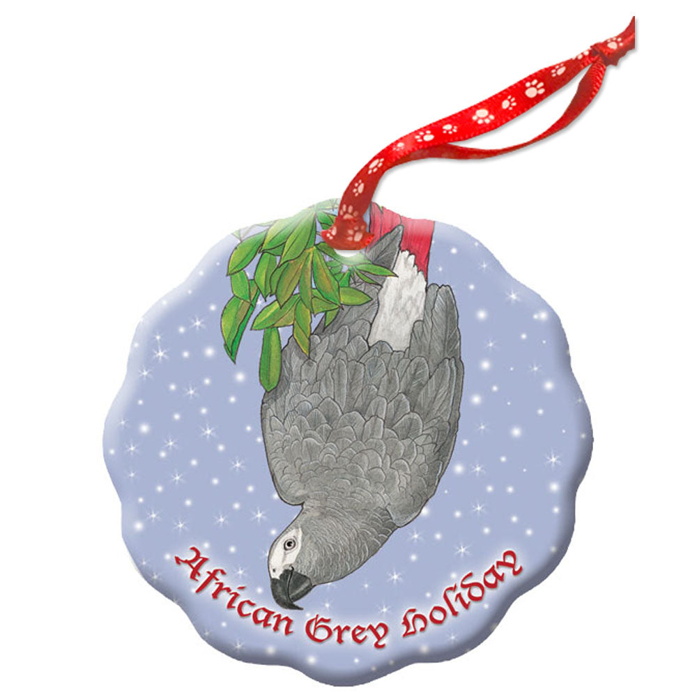 African Grey Parrot Holiday Porcelain Christmas Tree Ornament Double-Sided - Pipsqueakproductions
