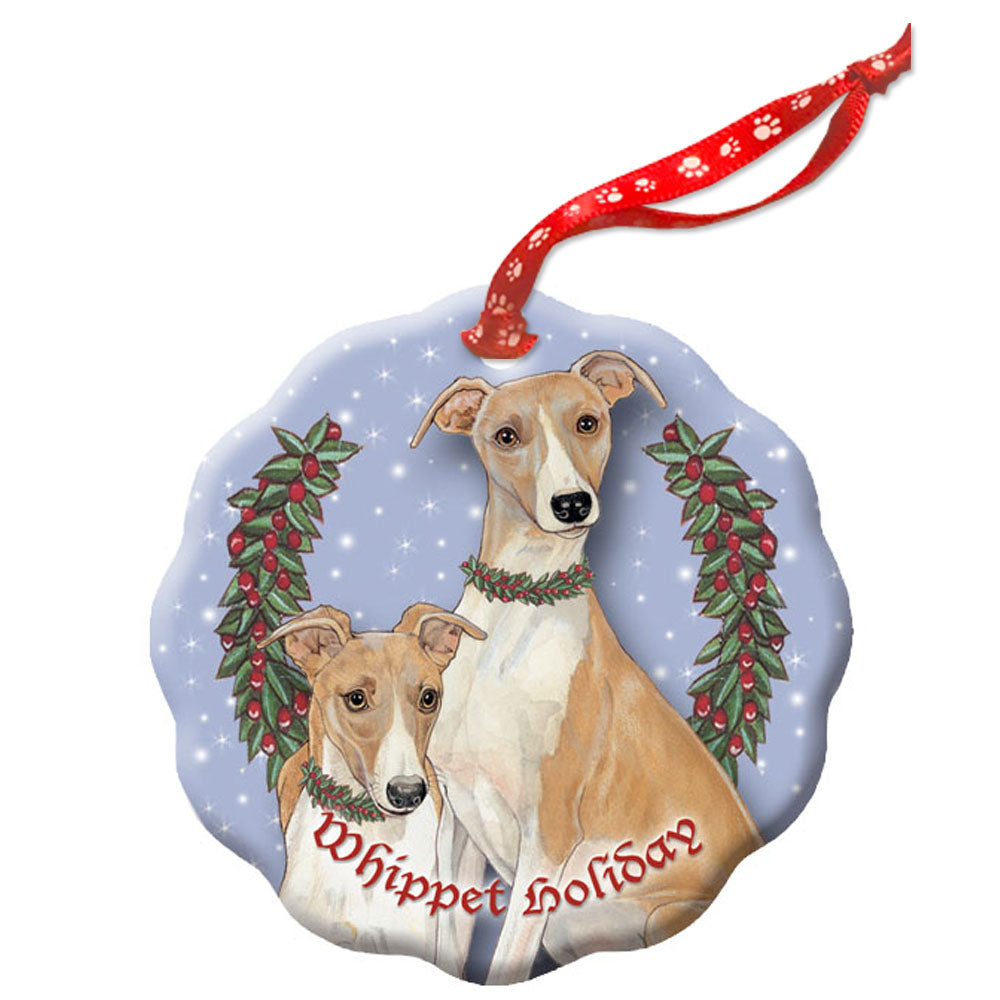 Whippet Holiday Porcelain Christmas Tree Ornament - Pipsqueakproductions