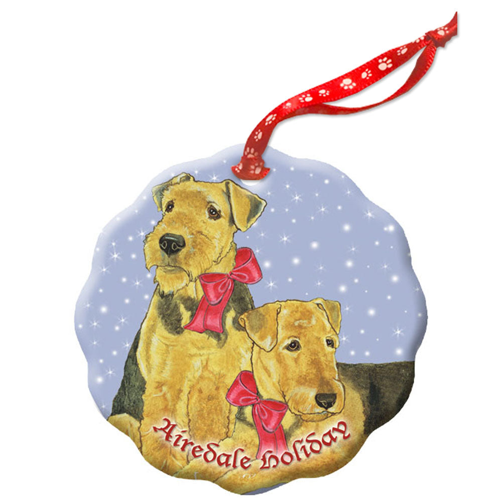 Airedale Holiday Porcelain Christmas Tree Ornament Double-Sided - Pipsqueakproductions