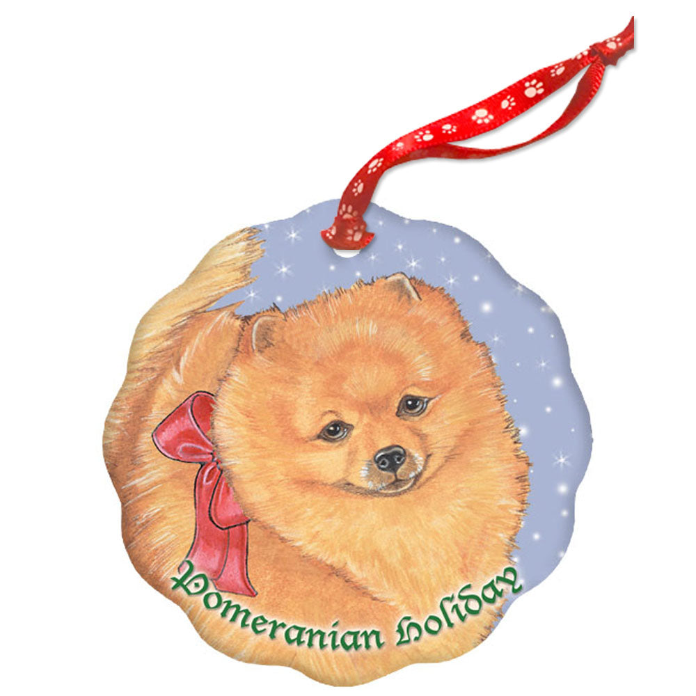 Pomeranian Holiday Porcelain Christmas Tree Ornament - Pipsqueakproductions