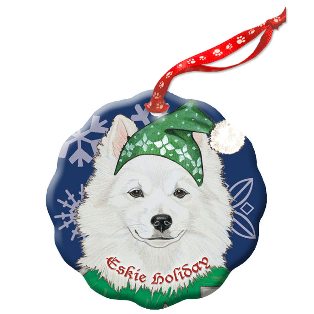 American Eskimo Holiday Porcelain Christmas Tree Ornament Double-Sided - Pipsqueakproductions