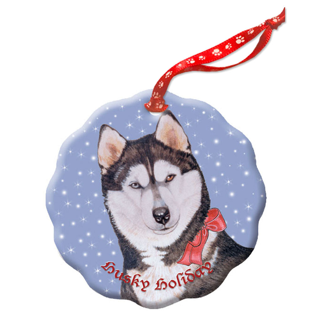 Siberian Husky Holiday Porcelain Christmas Tree Ornament - Pipsqueakproductions