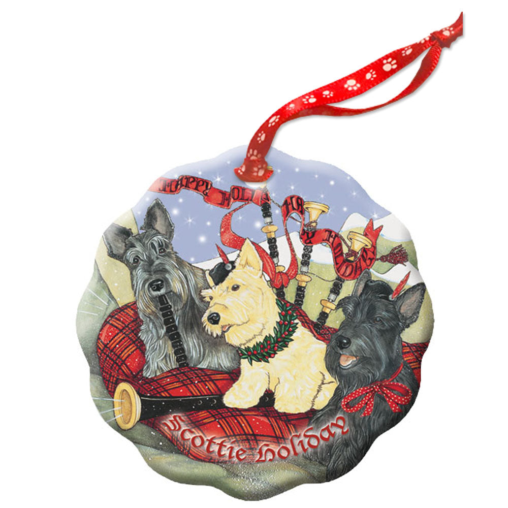 Scottish Terrier Scottie Dog Holiday Porcelain Christmas Tree Ornament - Pipsqueakproductions