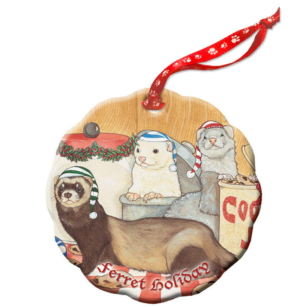 Ferret Holiday Porcelain Christmas Tree Ornament Double-Sided - Pipsqueakproductions