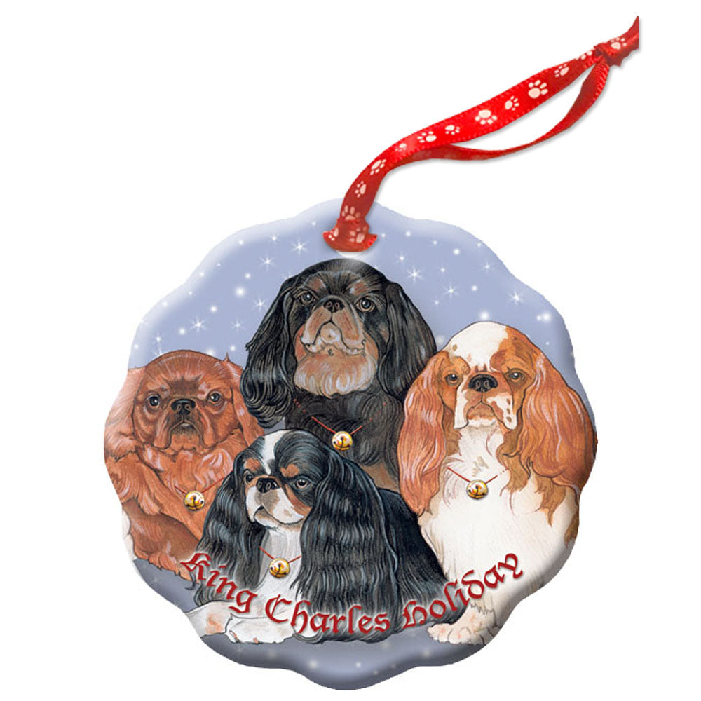English Toy Spaniel Holiday Porcelain Christmas Tree Ornament Doube-Sided - Pipsqueakproductions