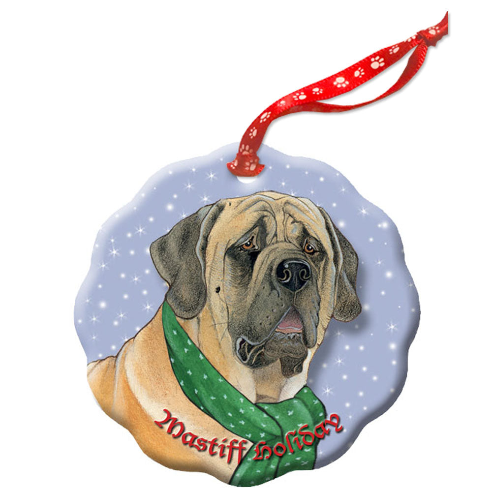 Mastiff Holiday Porcelain Christmas Tree Ornament - Pipsqueakproductions