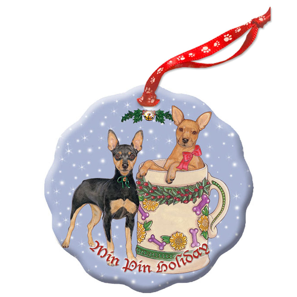 Miniature Pincher Min Pin Dog Holiday Porcelain Christmas Tree Ornament - Pipsqueakproductions