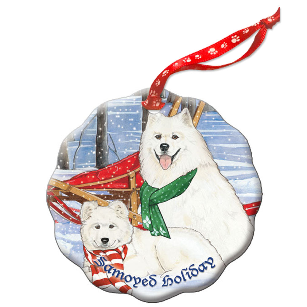 Samoyed Holiday Porcelain Christmas Tree Ornament - Pipsqueakproductions