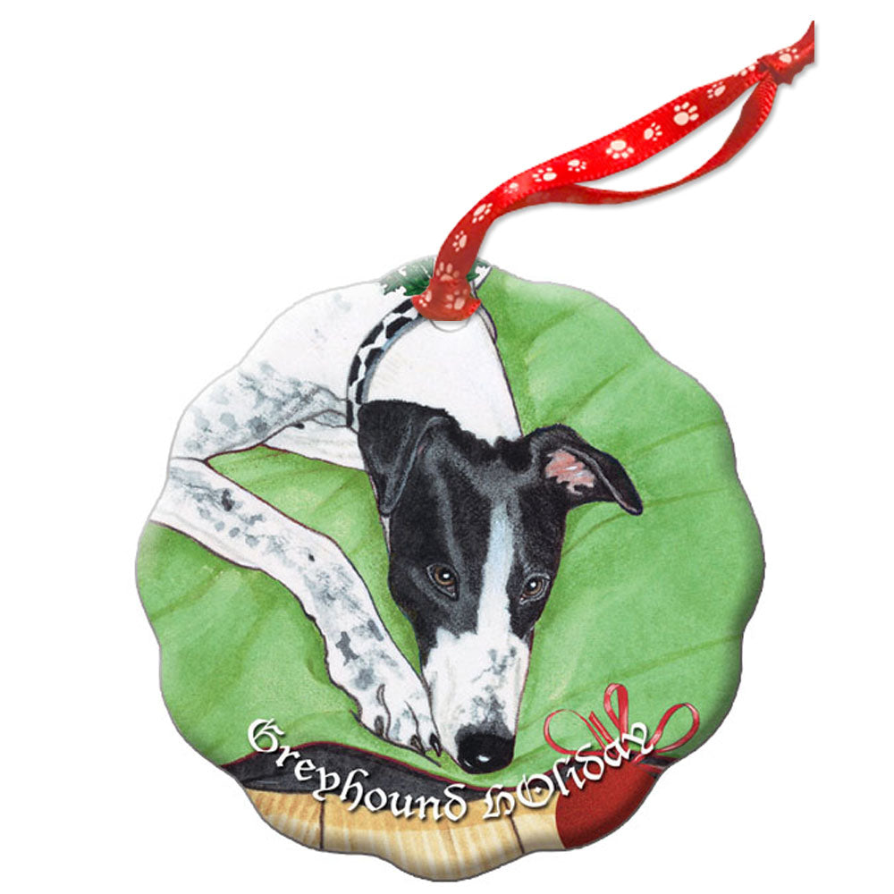 Greyhound, Black and White Greyhound, Holiday Porcelain Christmas Tree Ornament Double-sided - Pipsqueakproductions