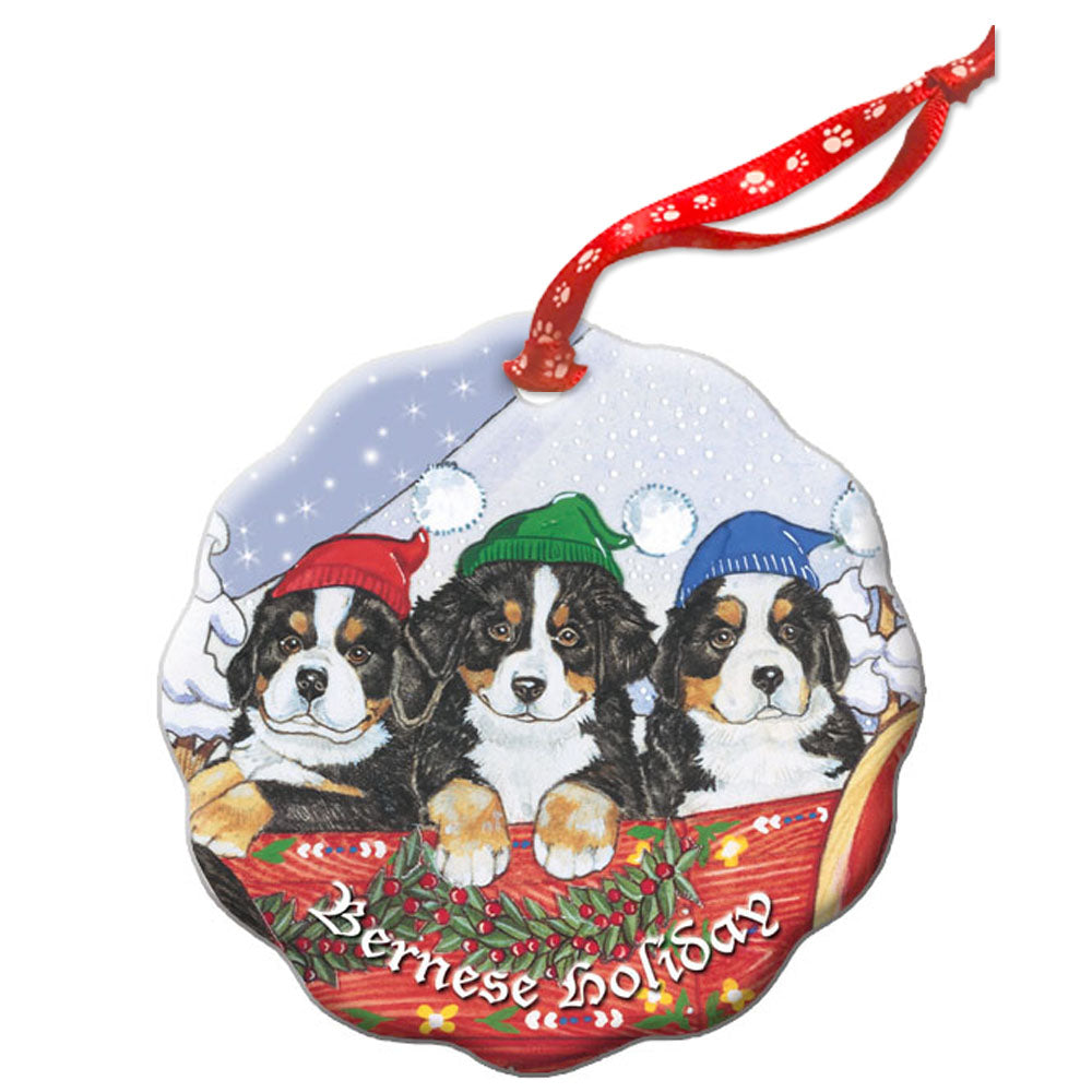 Bernese Mountain Dog Holiday Porcelain Christmas Tree Ornament Double-Sided - Pipsqueakproductions