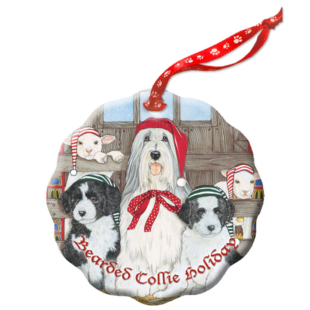 Bearded Collie Holiday Porcelain Christmas Tree Ornament Double-Sided - Pipsqueakproductions