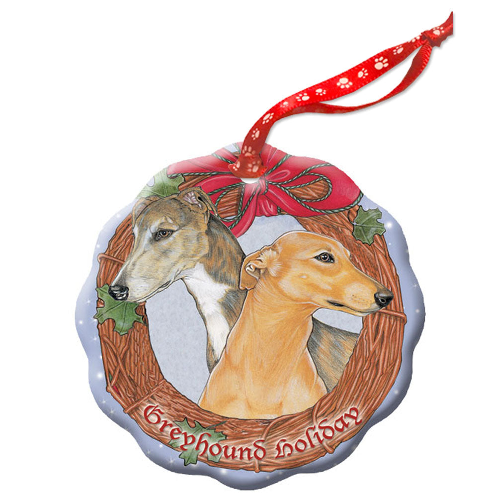 Greyhound, Brindle and Fawn Greyhound, Holiday Porcelain Christmas Tree Ornament - Pipsqueakproductions