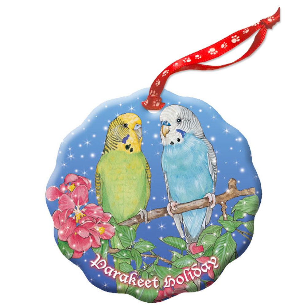 Parakeet Budgie Parrot Holiday Porcelain Christmas Tree Ornament - Pipsqueakproductions