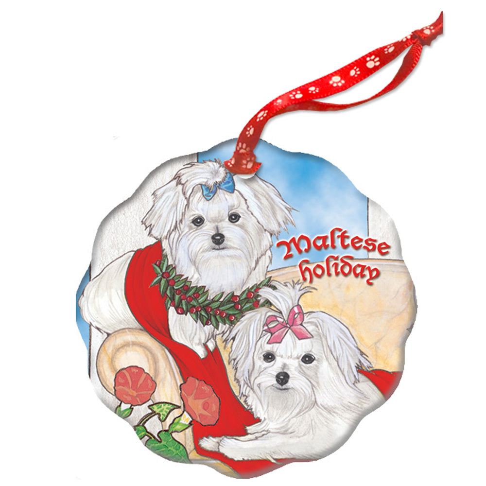 Maltese Holiday Porcelain Christmas Tree Ornament - Pipsqueakproductions
