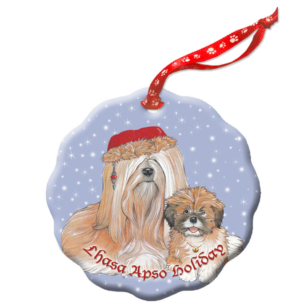 Lhasa Apso Holiday Porcelain Christmas Tree Ornament - Pipsqueakproductions