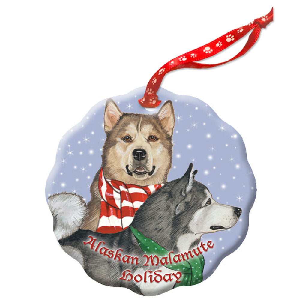 Alaskan Malamute Holiday Porcelain Christmas Tree Ornament Double-Sided - Pipsqueakproductions