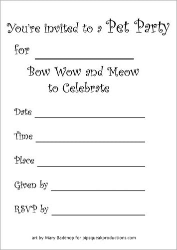 Pet Party Invitation Cards Set of 10 cards & 10 envelopes - Pipsqueakproductions