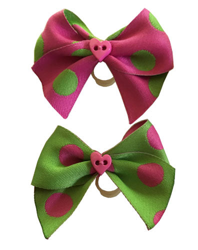 Dog Hair Bows Two Pink with Green Polka Dots - Pipsqueakproductions