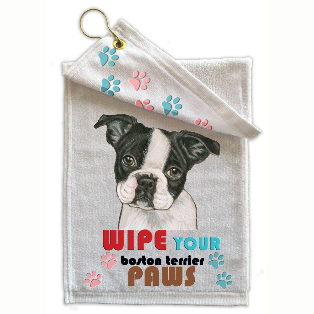 Boston Terrier Pup Paw Wipe Towel 11" x 18" Grommet with Clip - Pipsqueakproductions