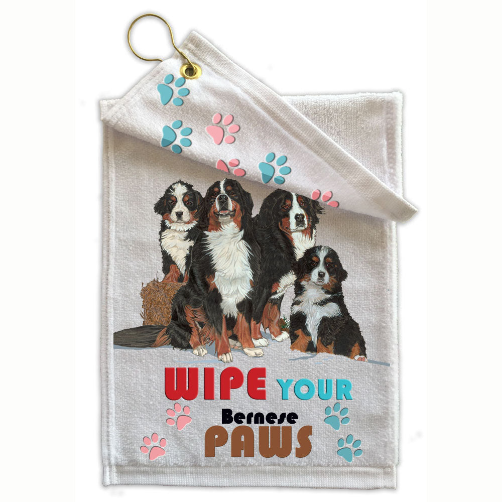 Bernese Mountain Dog Paw Wipe Towel 11" x 18" Grommet with Clip - Pipsqueakproductions