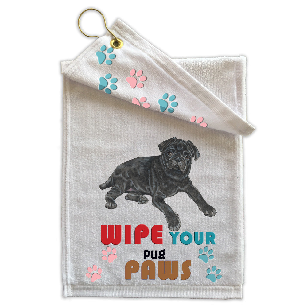 Pug Black Pug Paw Wipe Towel 11" x 18" Grommet with Clip - Pipsqueakproductions