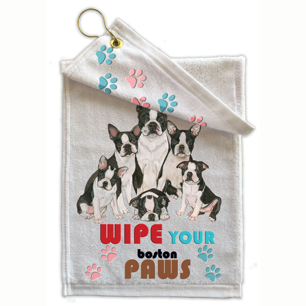 Boston Terrier Paw Wipe Towel 11" x 18" Grommet with Clip - Pipsqueakproductions