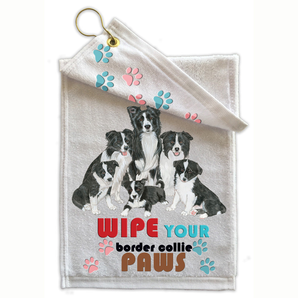 Border Collie Paw Wipe Towel 11" x 18" Grommet with Clip - Pipsqueakproductions