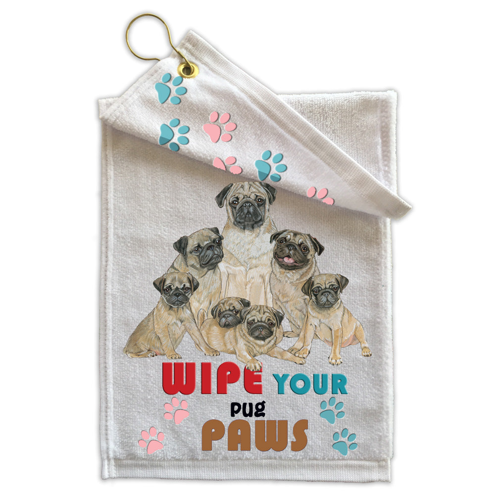 Pug Paw Wipe Towel 11" x 18" Grommet with Clip - Pipsqueakproductions