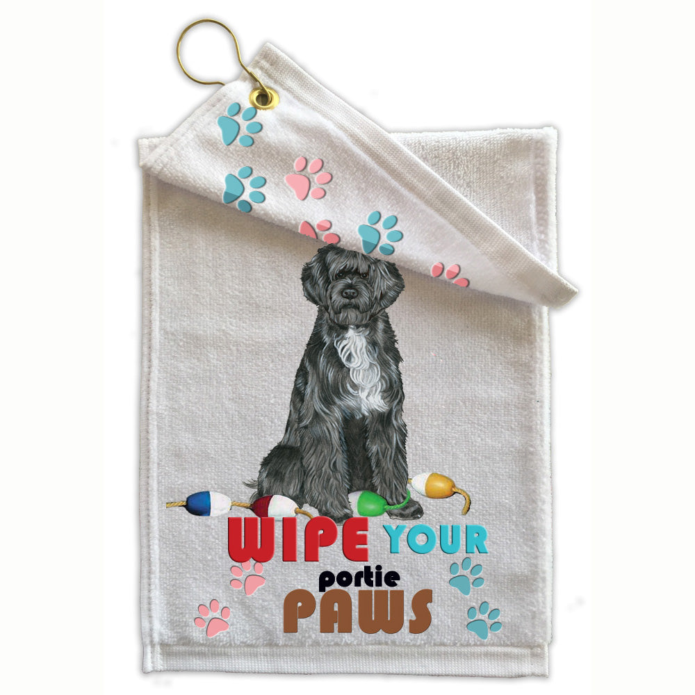 Portuguese Water Dog Paw Wipe Towel 11" x 18" Grommet with Clip - Pipsqueakproductions
