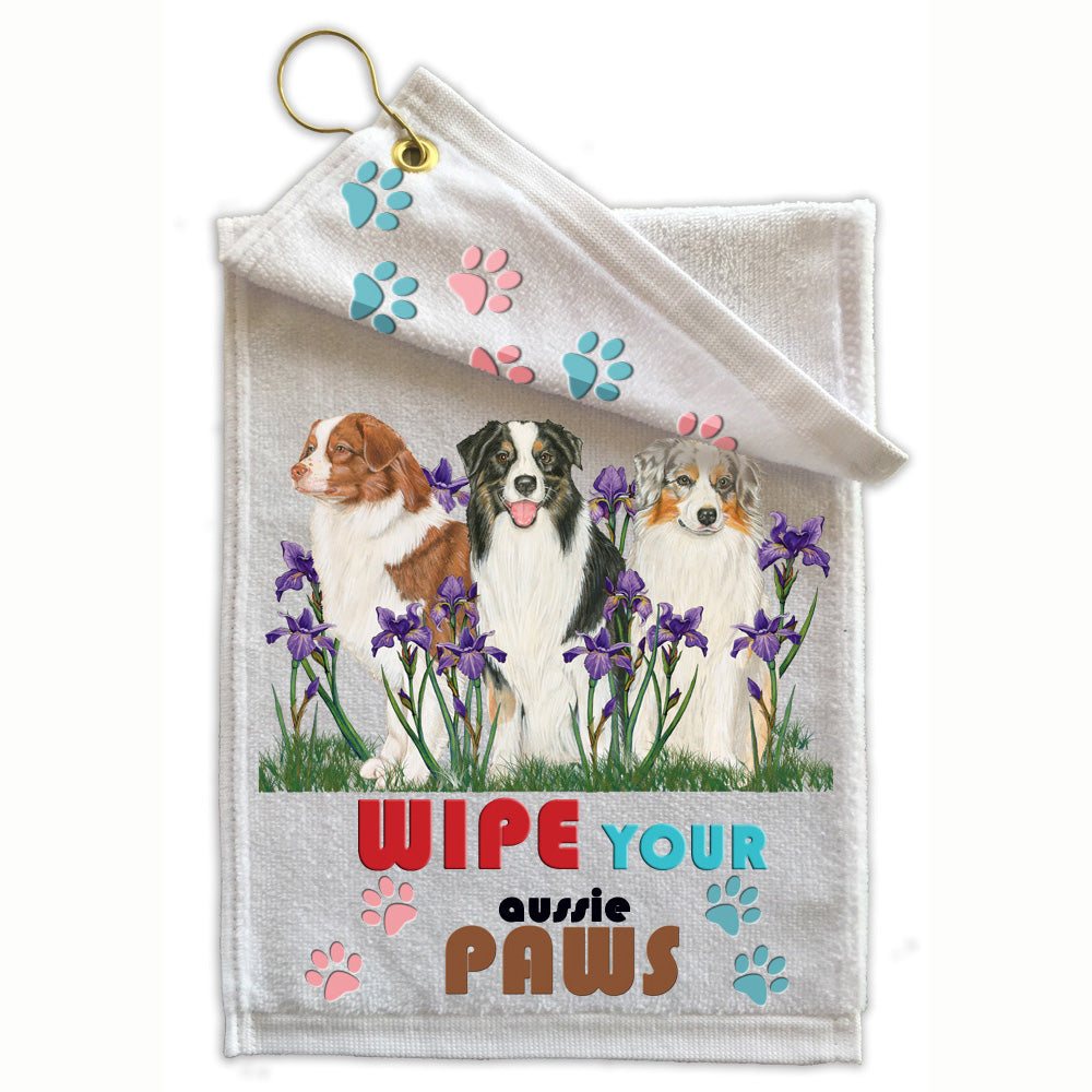 Australian Shepherd Aussie Paw Wipe Towel 11" x 18" Grommet with Clip - Pipsqueakproductions