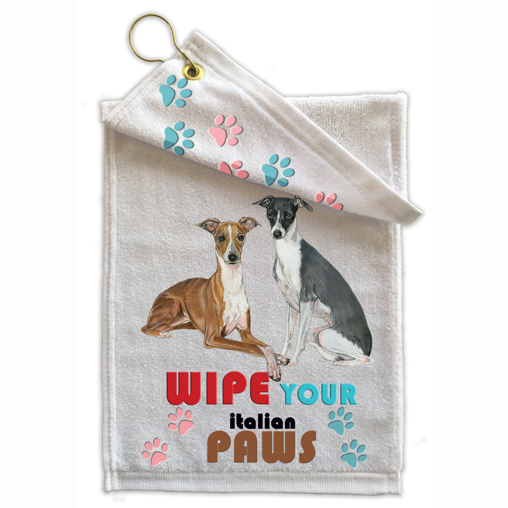 Italian Greyhound Paw Wipe Towel 11" x 18" Grommet with Clip - Pipsqueakproductions