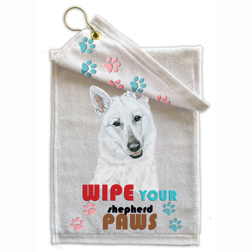 White Shepherd Paw Wipe Towel 11" x 18" Grommet with Clip - Pipsqueakproductions
