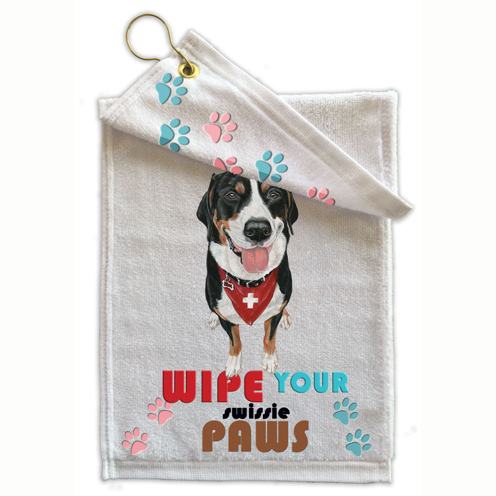 Greater Swiss Mountain Dog Paw Wipe Towel 11" x 18" Grommet with Clip - Pipsqueakproductions