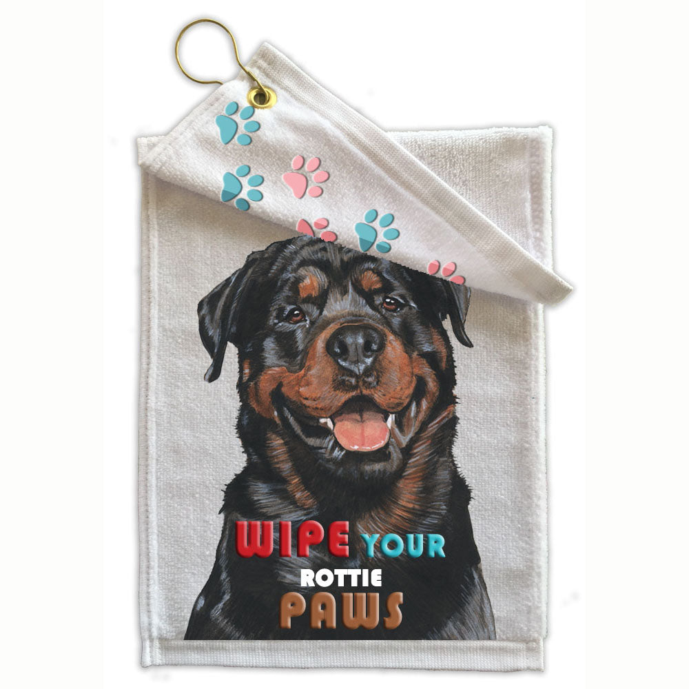 Rottwelier Paw Wipe Towel 11" x 18" Grommet with Clip - Pipsqueakproductions