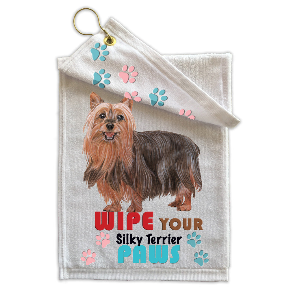 Silky Terrier Paw Wipe Towel 11" x 18" Grommet with Clip - Pipsqueakproductions