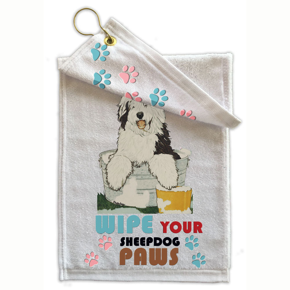 Old English Sheepdog Paw Wipe Towel 11" x 18" Grommet with Clip - Pipsqueakproductions