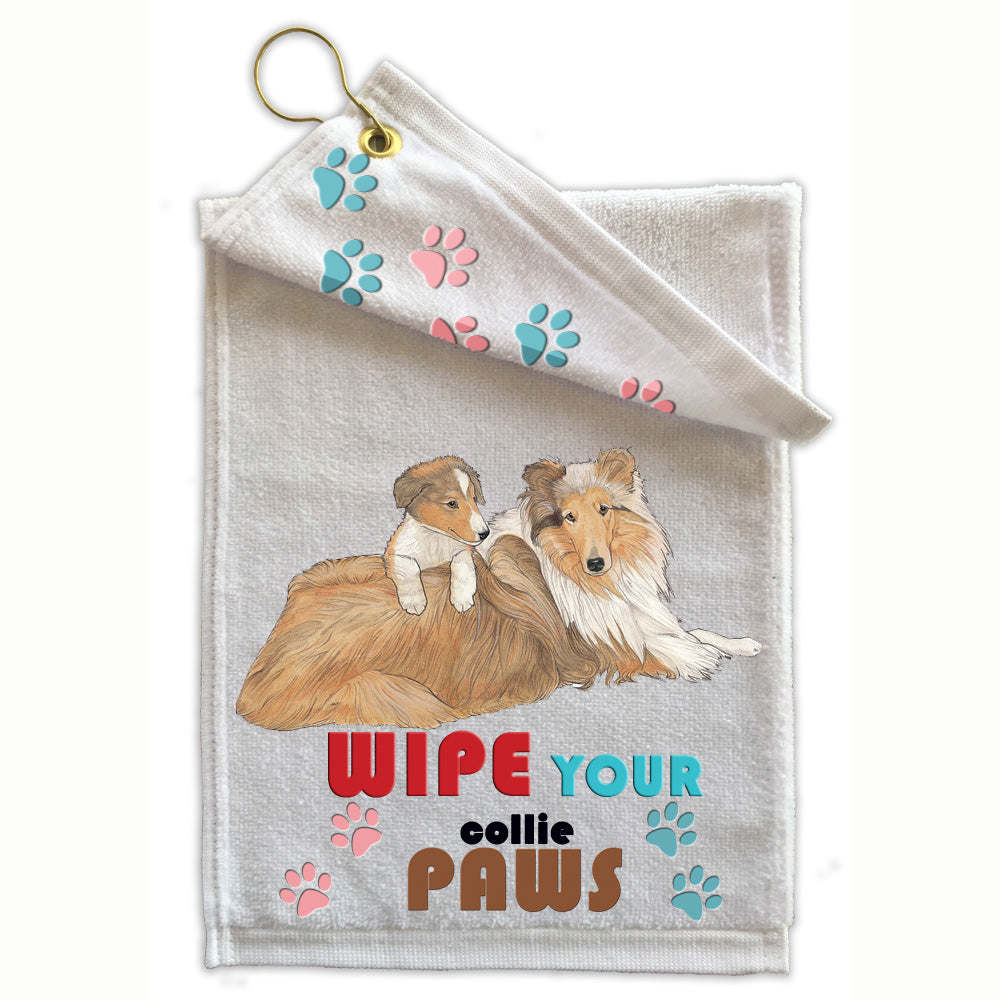 Collie Paw Wipe Towel 11" x 18" Grommet with Clip - Pipsqueakproductions