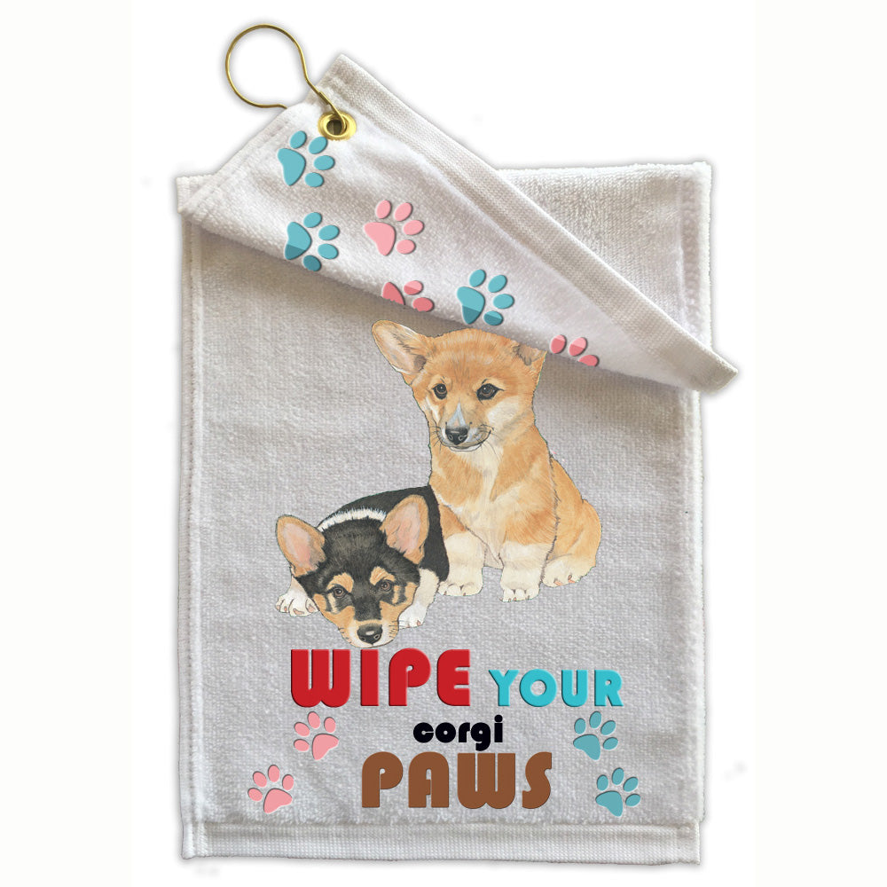 Corgi Welsh Pembroke Paw Wipe Towel 11" x 18" Grommet with Clip - Pipsqueakproductions