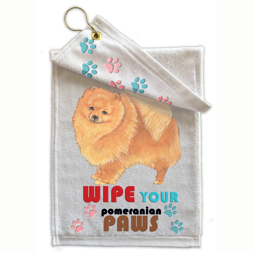 Pomeranian Paw Wipe Towel 11" x 18" Grommet with Clip - Pipsqueakproductions