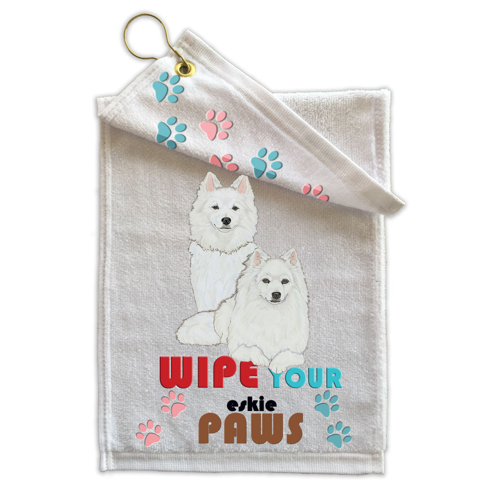 American Eskimo Paw Wipe Towel 11" x 18" Grommet with Clip - Pipsqueakproductions