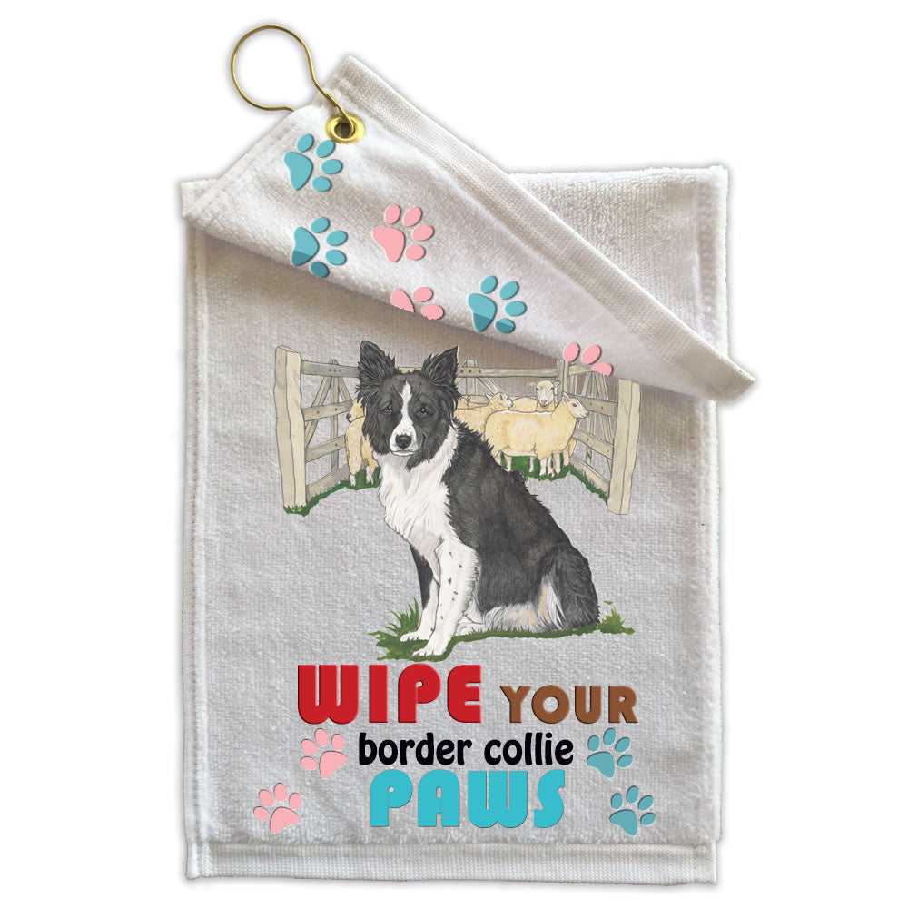 Border Collie with Sheep Paw Wipe Towel 11" x 18" Grommet with Clip - Pipsqueakproductions
